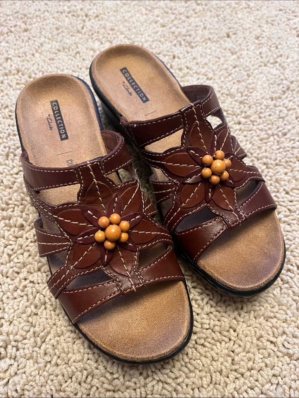 Collection B Brown Leather Floral Bead Slide Mules